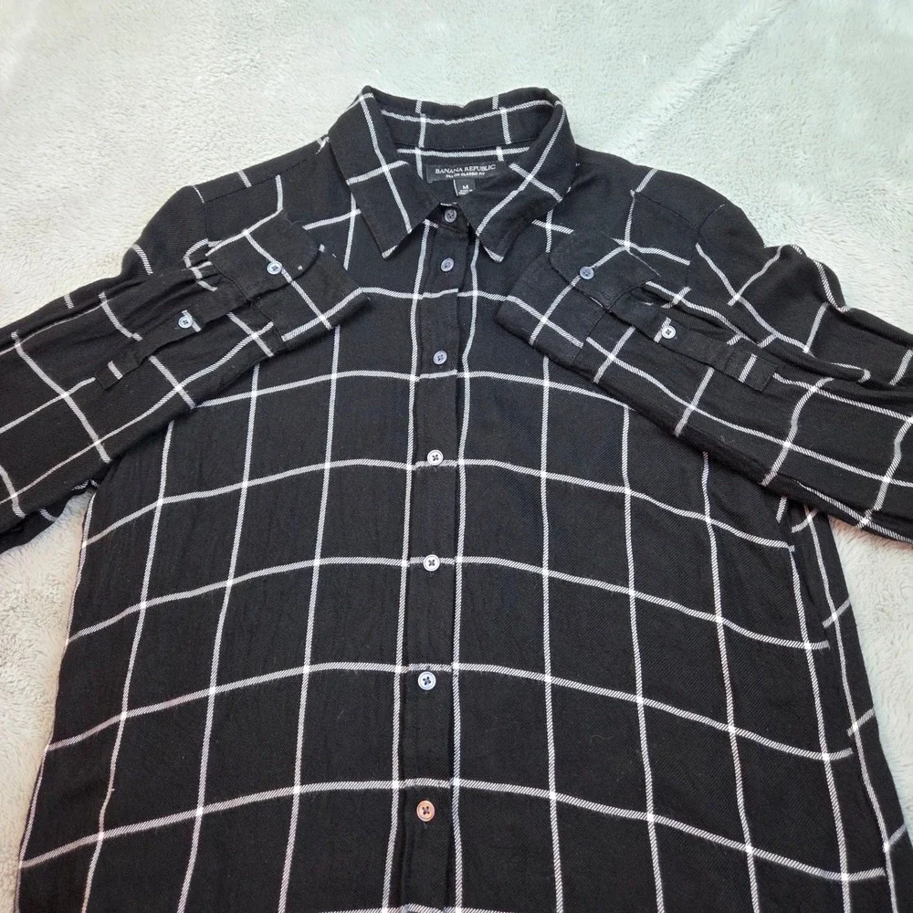 Banana‎ Republic Dillon Classic Fit Shirt Mens Med Black White Windowpane Plaid